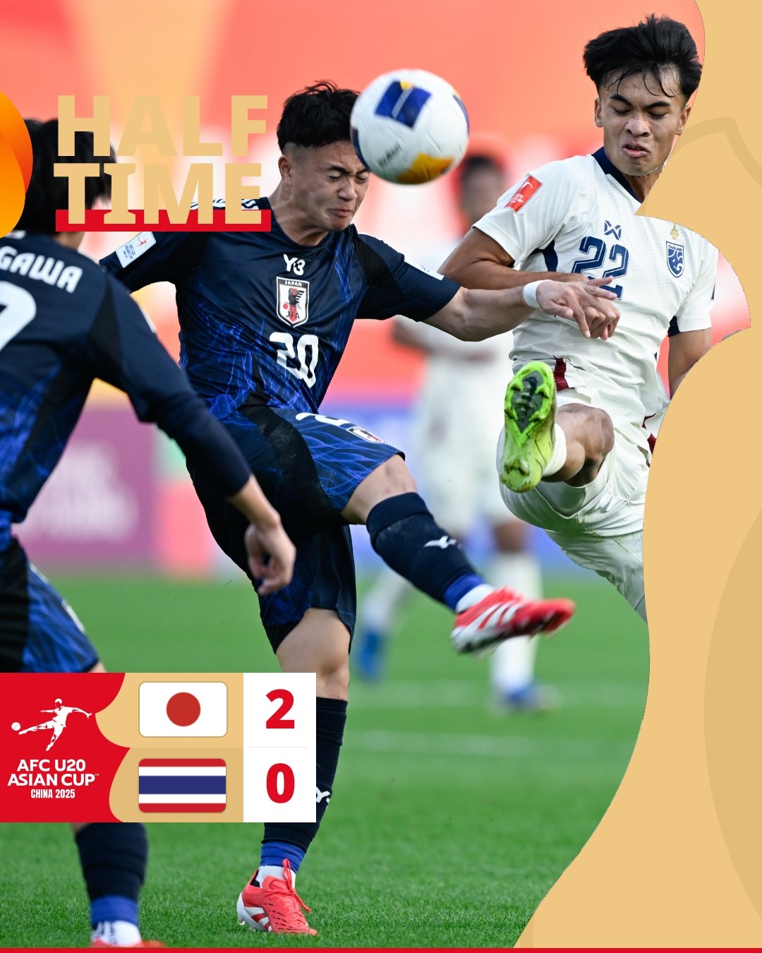  半場-日本U20 2-0領先泰國U20，石井久繼破門+中柱 泰國0射正