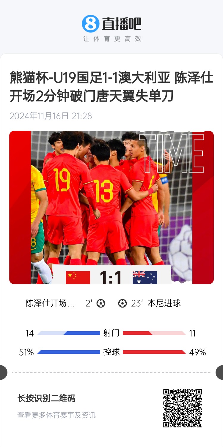  二番戰(zhàn)！U20國青與澳大利亞去年熊貓杯剛有過交手，雙方1-1戰(zhàn)平