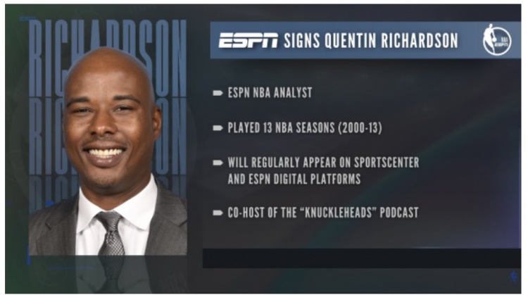  ESPN：正式簽約前NBA球員昆汀-理查德森 后者將擔(dān)任解說