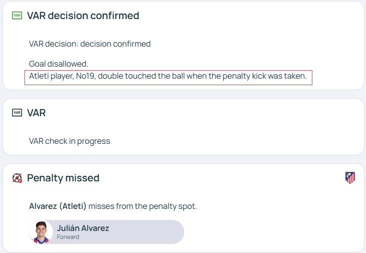  官方明確！歐冠官網(wǎng)：阿爾瓦雷斯罰點(diǎn)時(shí)2次觸球，VAR決定進(jìn)球無效